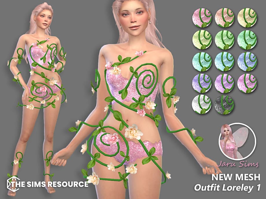 Jaru Sims Loreley Outfit - Sparkling two-piece fairy outfit with green vines for Sims 4