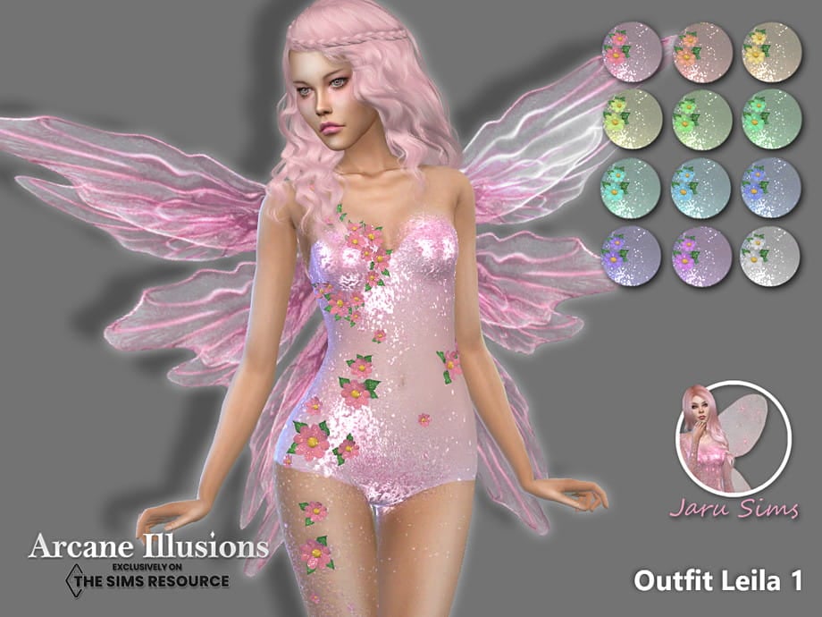 Jaru Sims Leila Outfit - Shimmering bodysuit with blooming petals for Sims 4 fairycore style