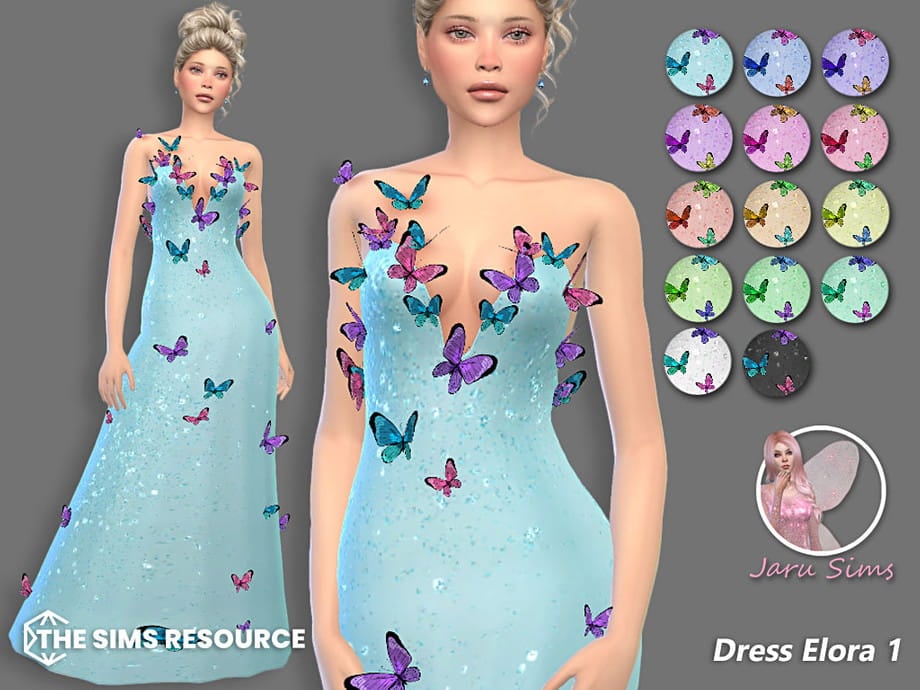 Jaru Sims Elora Dress - Flowing gown with butterflies for Sims 4 woodland royalty