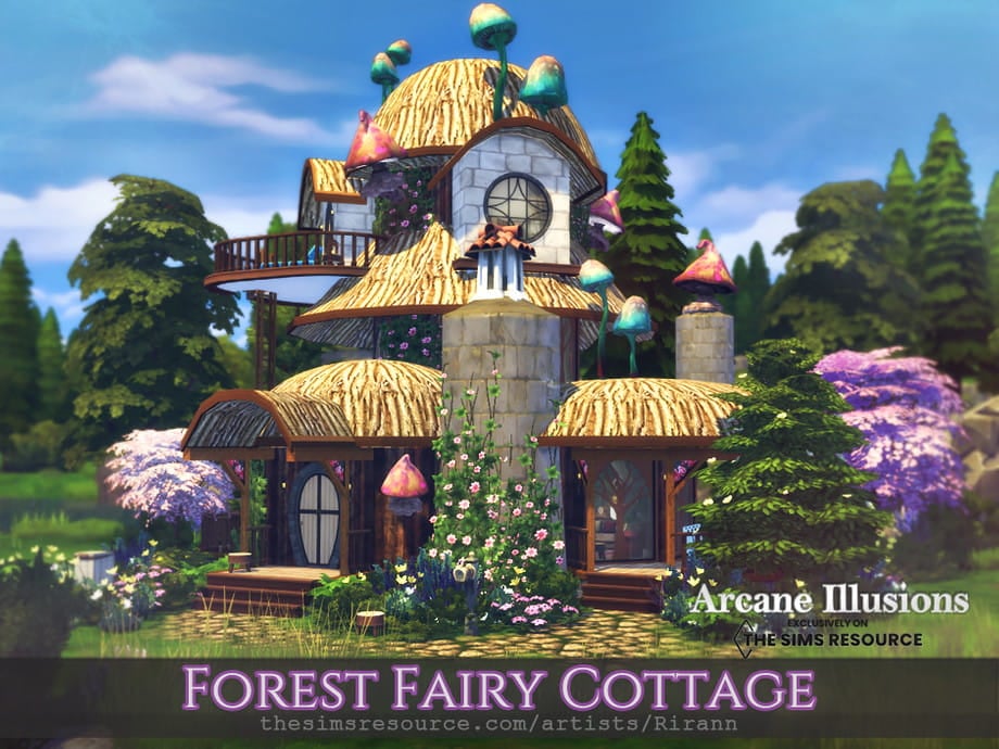 Rirann Forest Fairy Cottage - Charming woodland house with moss-covered roof and curved timber details for Sims 4