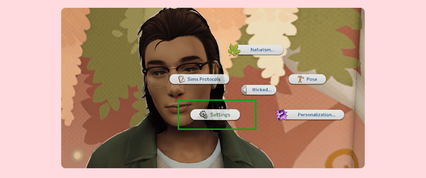 Finding Settings option in Wicked Whims mod menu in Sims 4