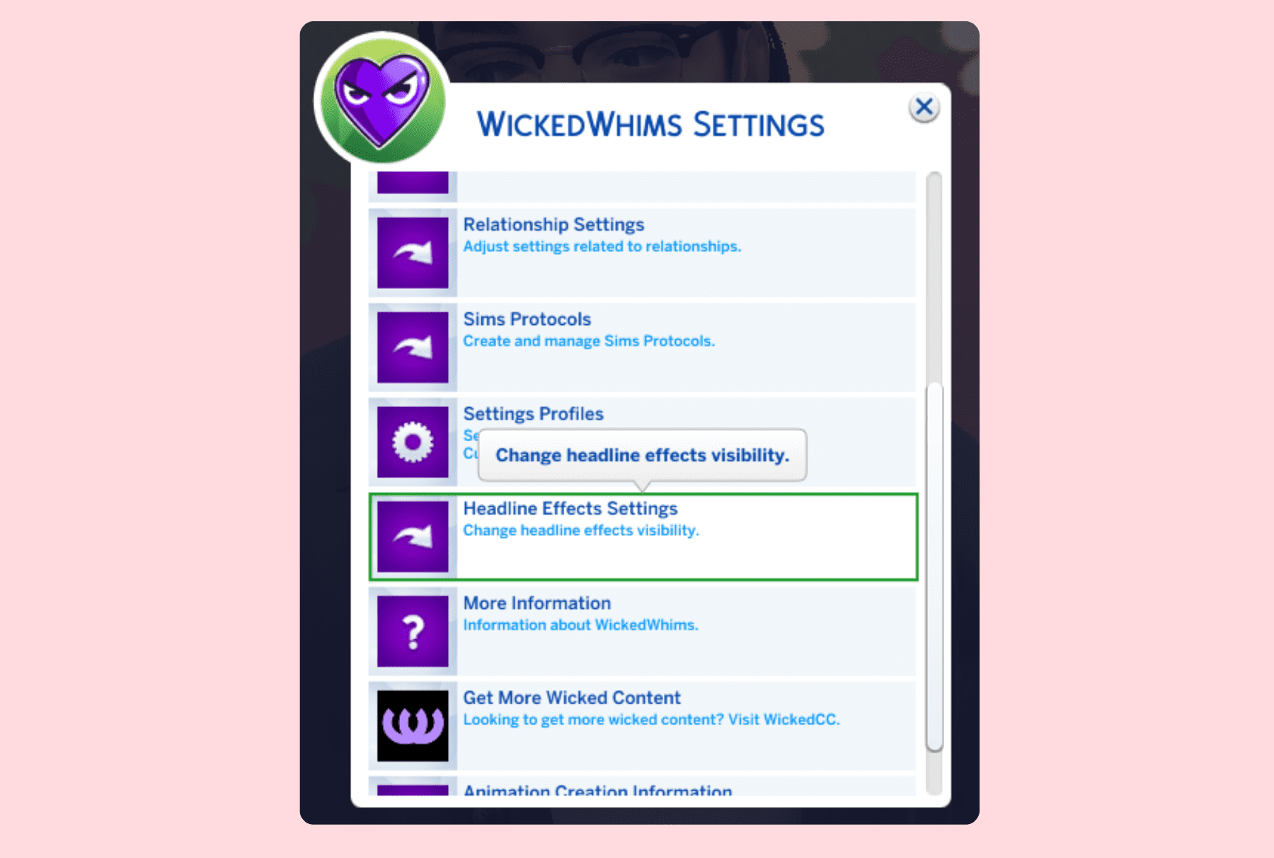 Headline Effects Settings tab in Sims 4 Wicked Whims mod